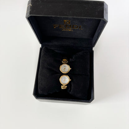 Fendi 1990s Seashell Dial Two Time Zone Gold Plated Bangle Watch