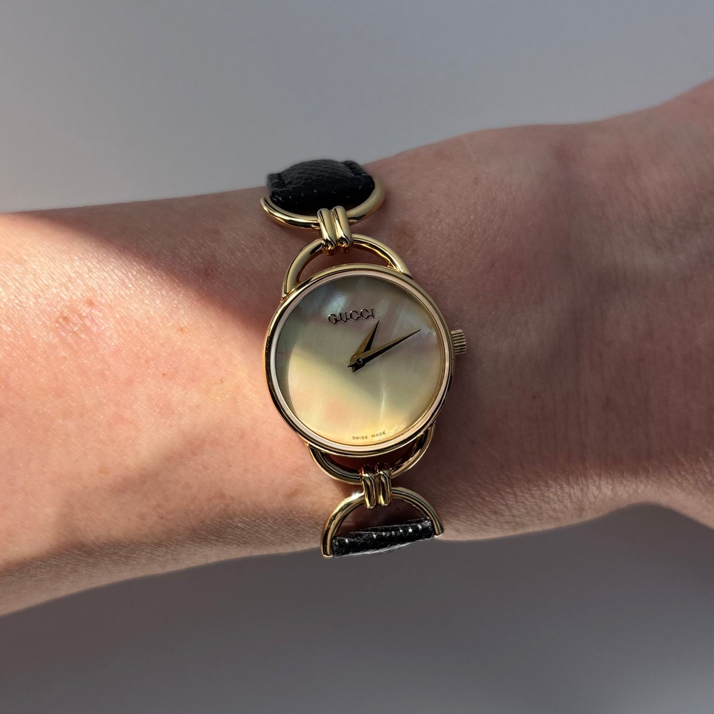 Gucci 1990s Seashell Dial Gold Plated Horsebit Watch