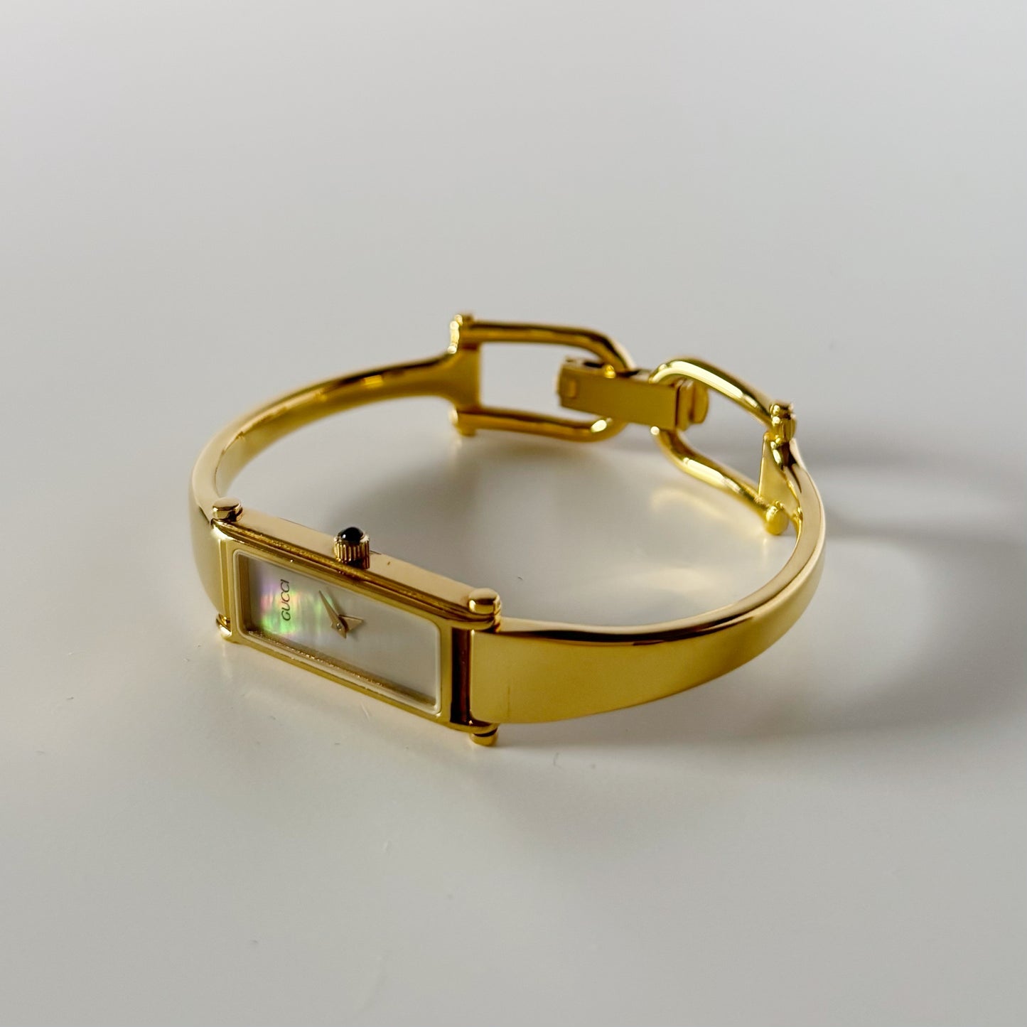 Gucci 1990s Seashell Dial Rectangular Gold Plated Bangle Watch