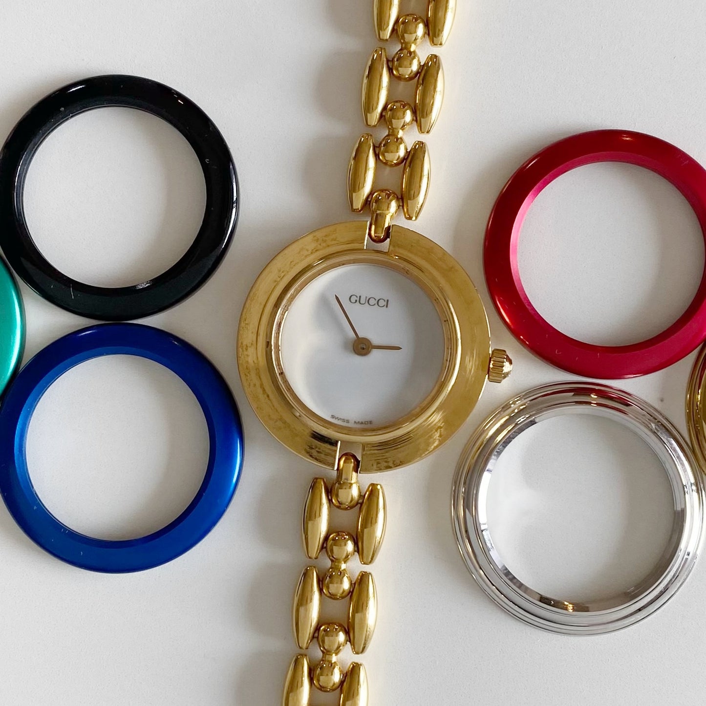 Gucci 1990s Interchangeable Bezel Gold Plated Watch with 6 bezels, case (163mm)