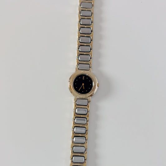 Yves Saint Laurent 1990s Black Round Dial Two-Tone Gold-Plated Watch