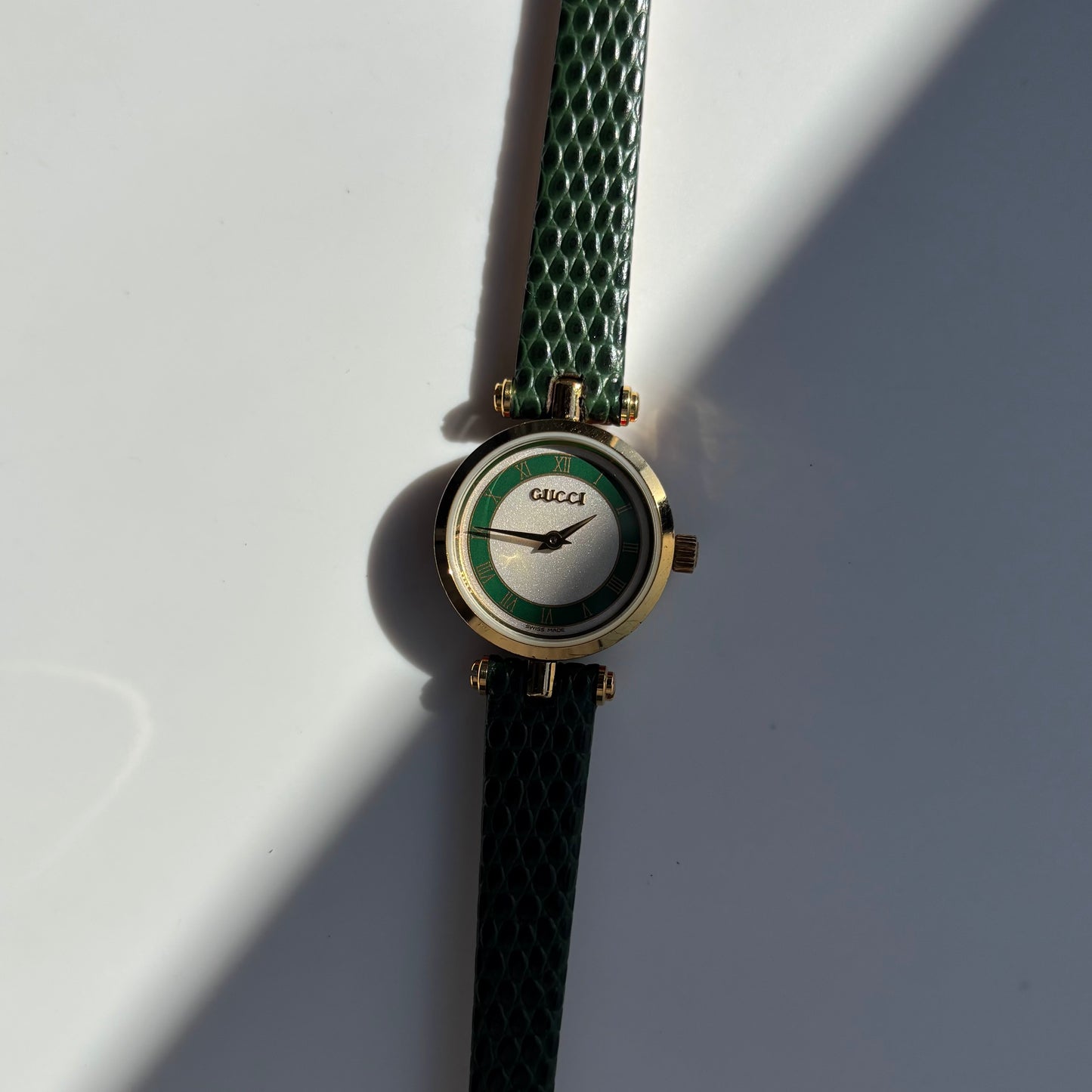 Gucci 1990s Round Dial Green Gold Plated Watch