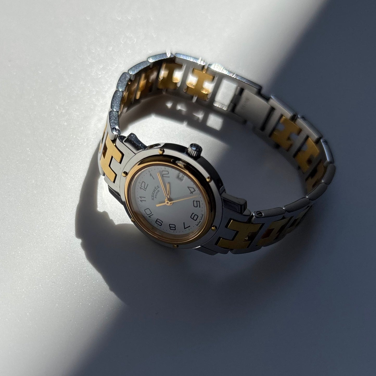 Hermes 1990s Clipper Date Round Dial Two Tone Gold Plated Watch
