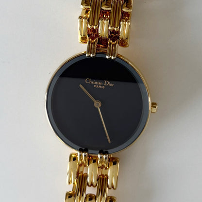 Dior 1990s Bagheera Round Black Dial Gold Plated Watch