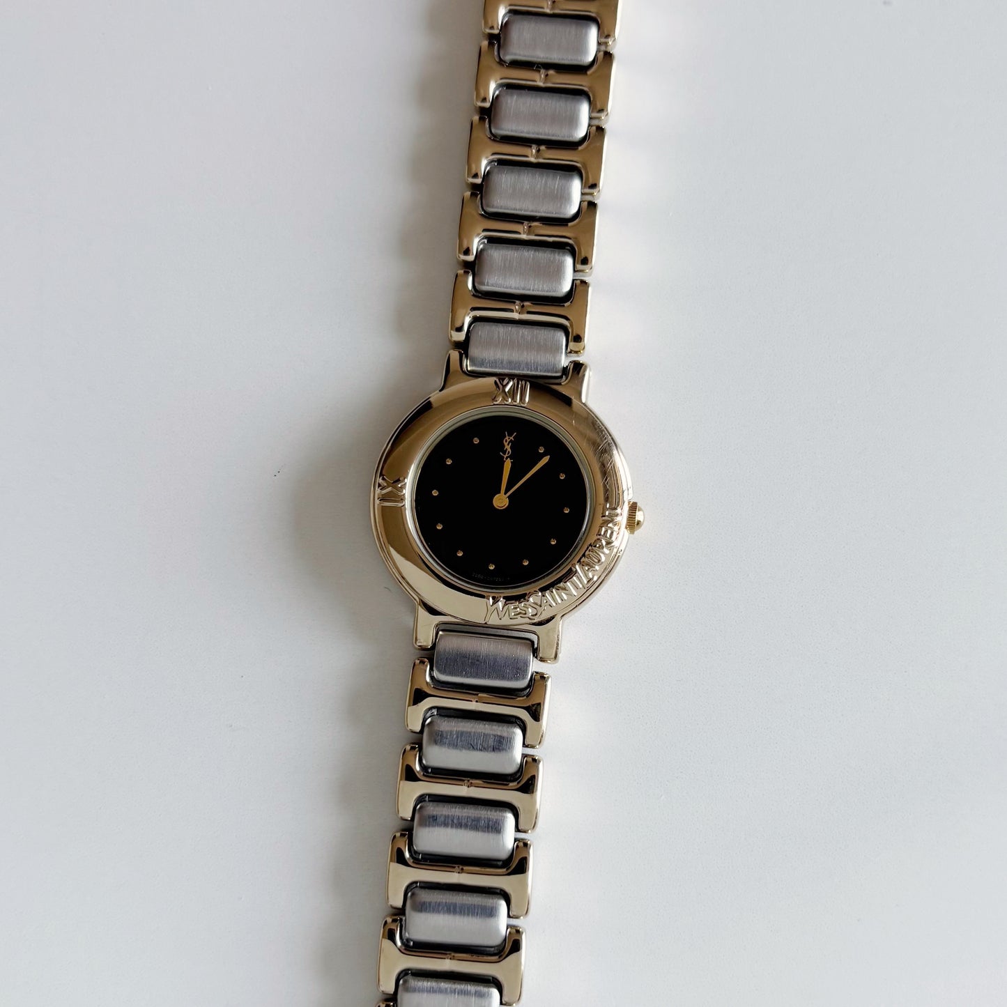 Yves Saint Laurent 1990s Black Round Dial Two Tone Watch