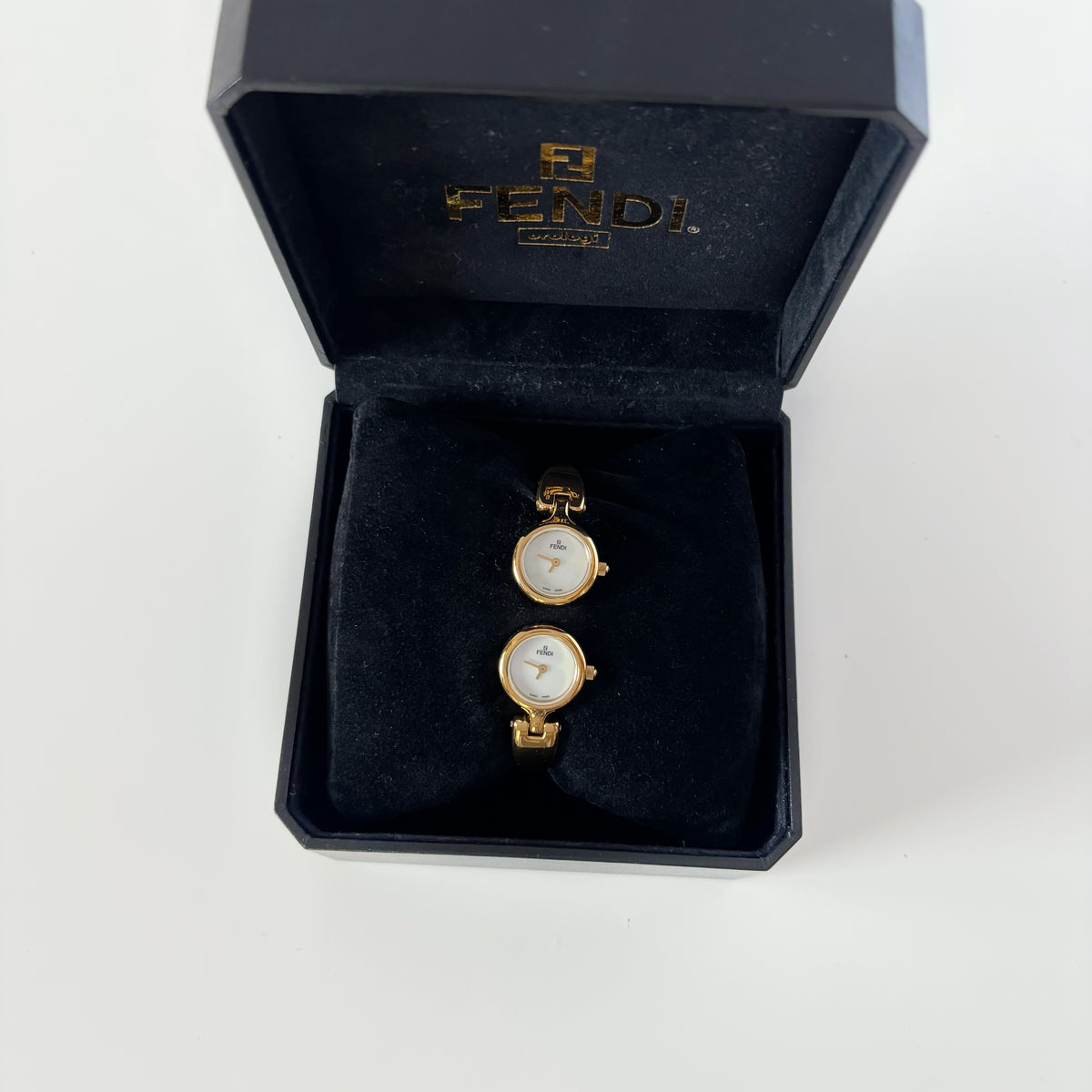 Fendi 1990s Seashell Dial Two Time Zone Gold Plated Bangle Watch