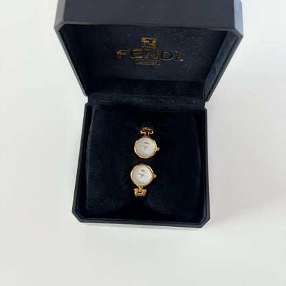 Fendi 1990s Seashell Dial Two Time Zone Gold Plated Bangle Watch
