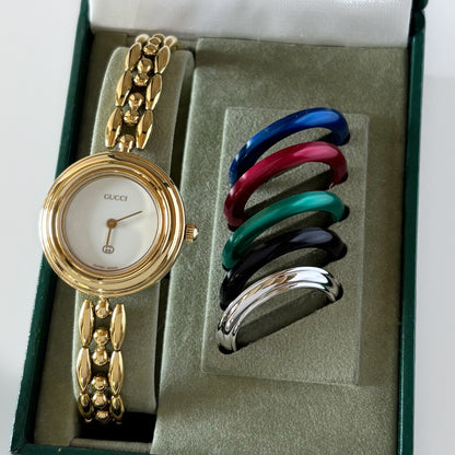 Gucci 1990s Interchangeable Bezel Gold Plated Rice Chain Watch with 6 bezels, case (172mm)