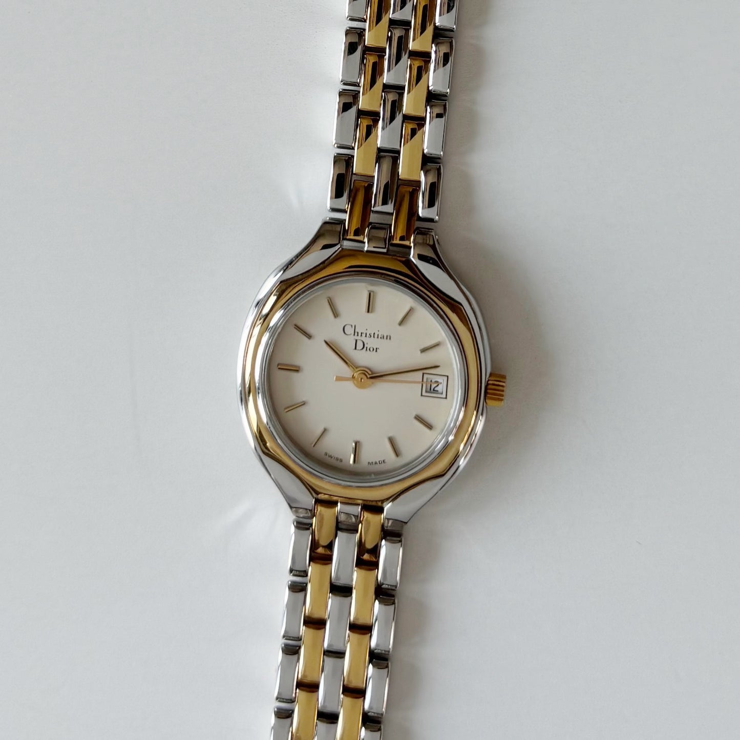 Dior 1990s Date Round Dial Two Tone Gold Plated Watch
