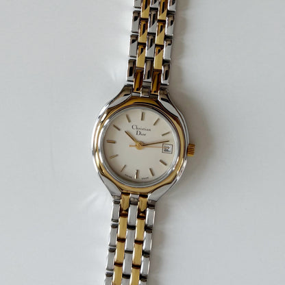Dior 1990s Date Round Dial Two Tone Gold Plated Watch