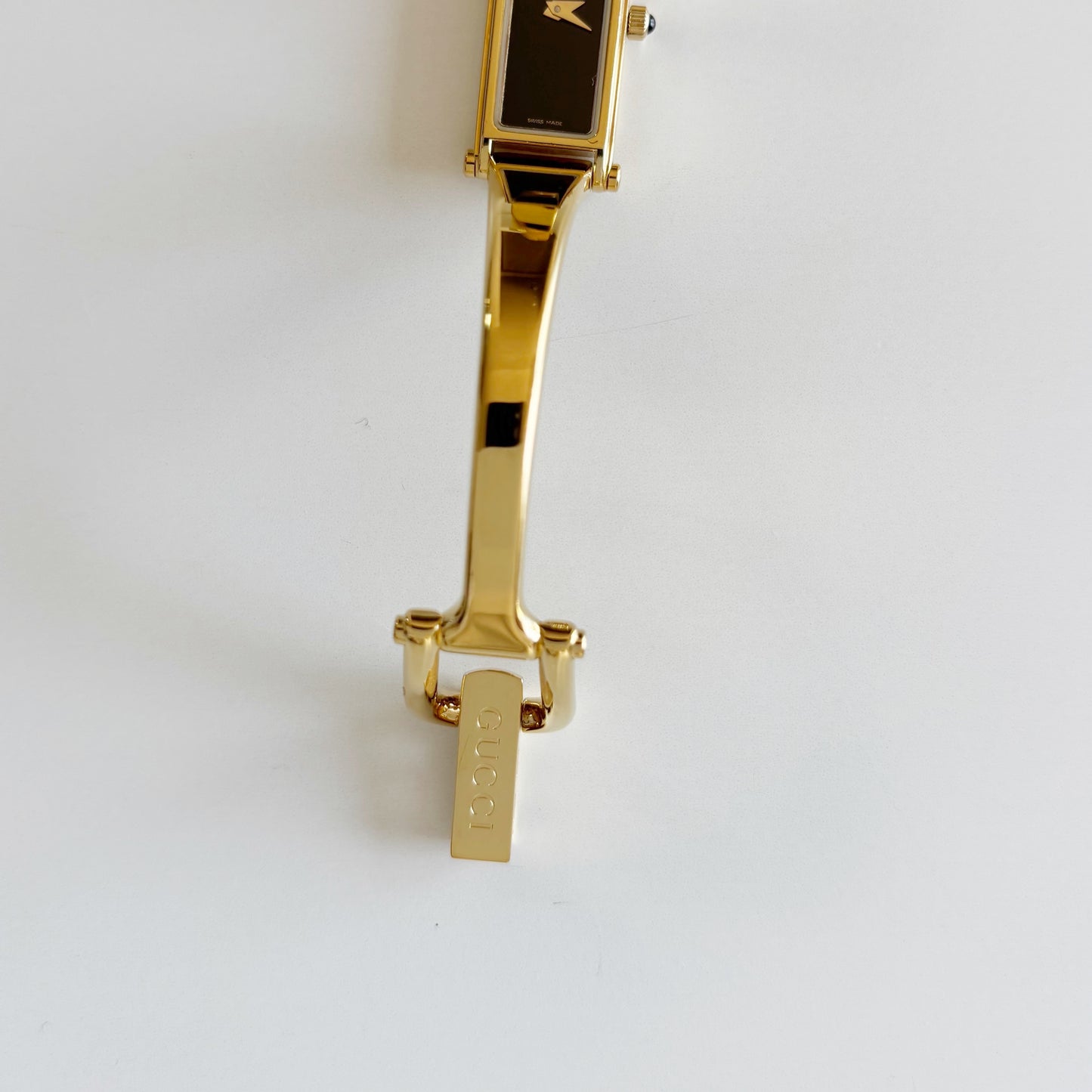 Gucci 1990s Black Dial Gold Plated Bangle Watch