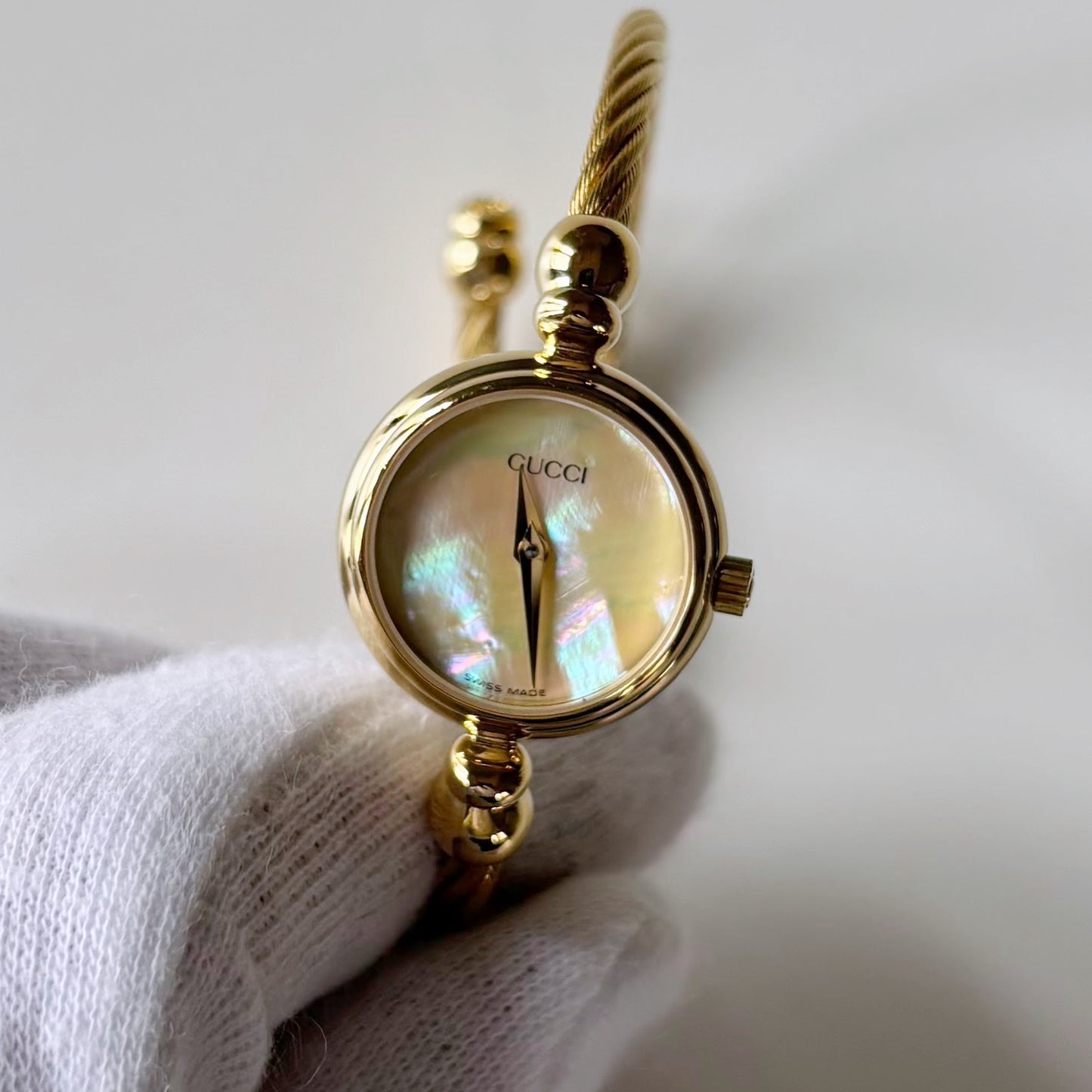 Gucci 1990s Seashell Dial Gold Plated Cable Band Bangle Watch