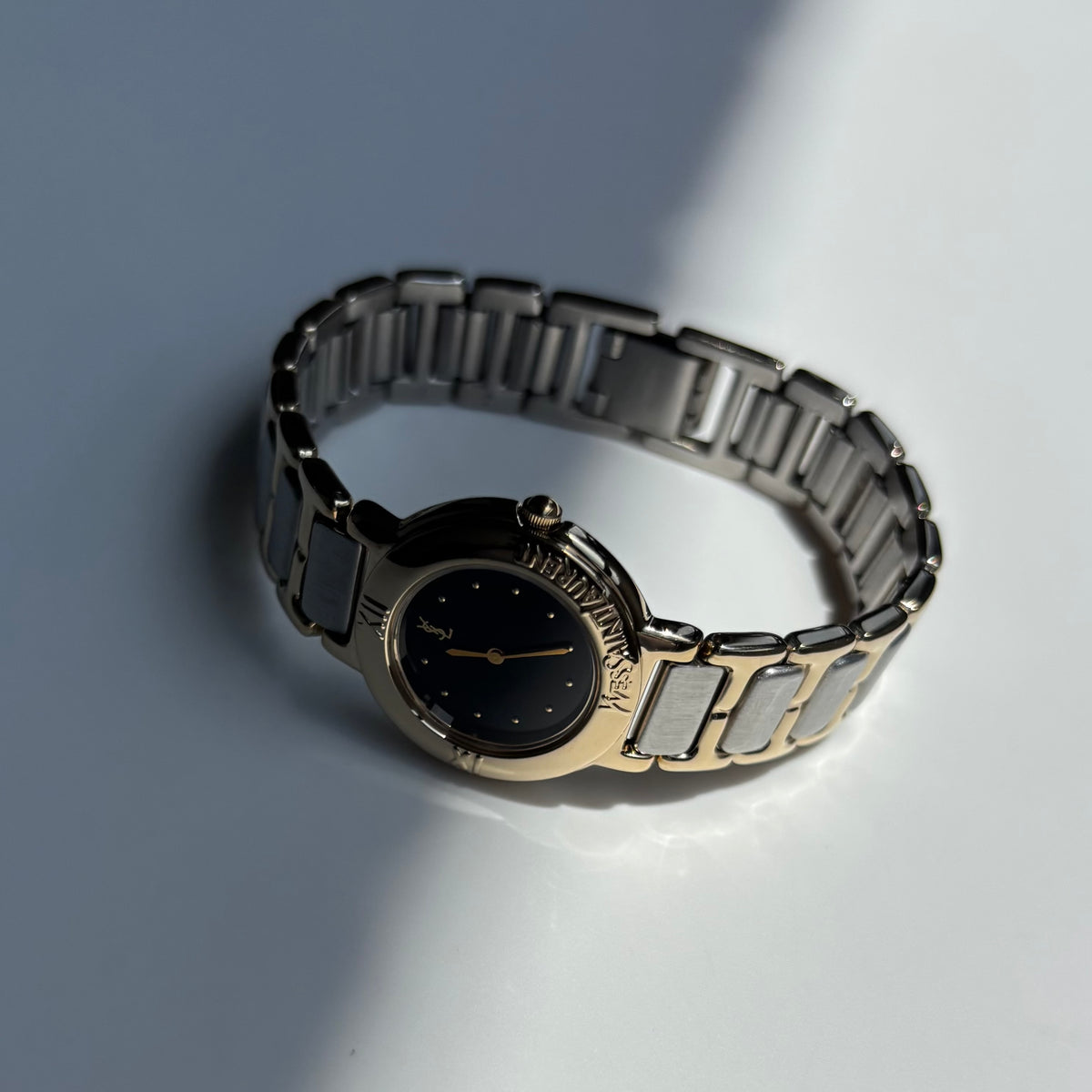 Yves Saint Laurent 1990s Black Round Dial Two Tone Gold Plated Watch