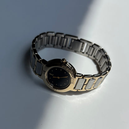 Yves Saint Laurent 1990s Black Round Dial Two Tone Gold Plated Watch