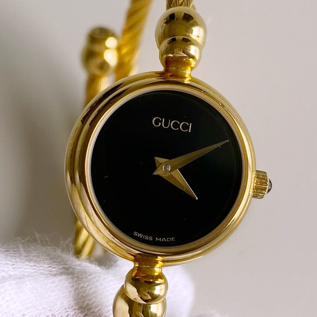 Gucci 1990s Black Dial Gold Plated Cable Bangle Watch
