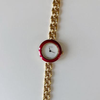 Gucci 1990s Interchangeable Bezel Gold Plated Rice Chain Watch with case, 6 bezels (160mm)
