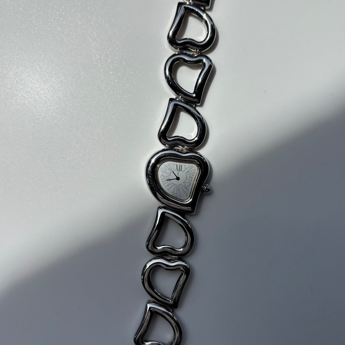 Yves Saint Laurent 1990s Heart Shaped Dial Band Silver Watch