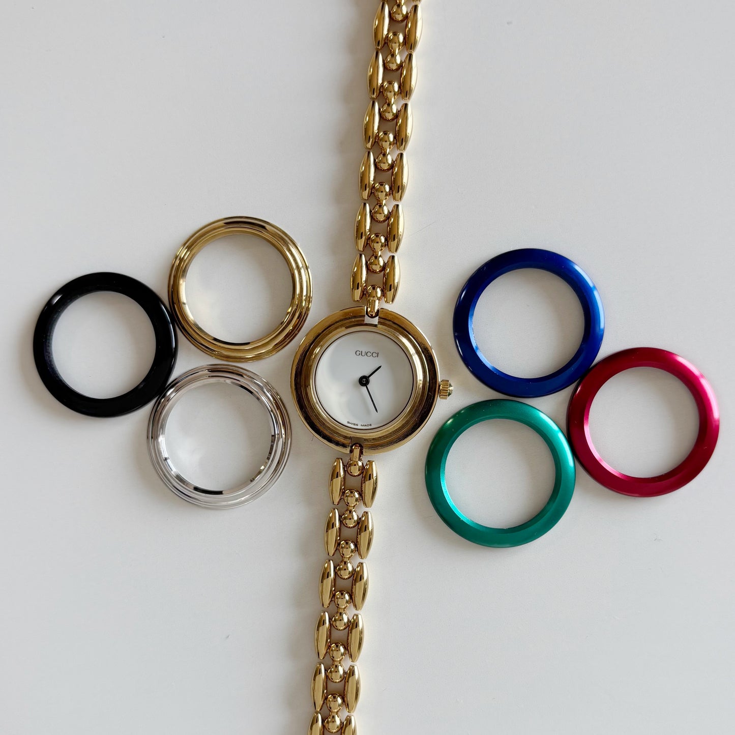 Gucci 1990s Interchangeable Bezel Gold Plated Rice Chain Watch with 6 bezels, case (175mm)