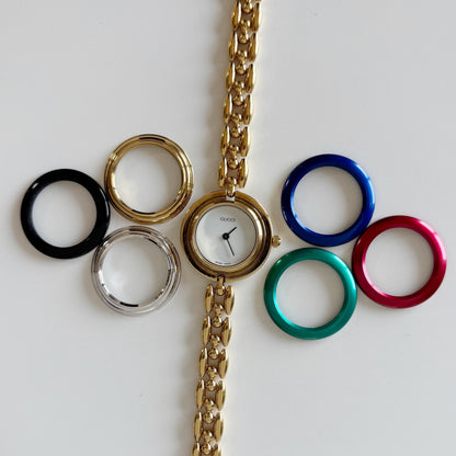 Gucci 1990s Interchangeable Bezel Gold Plated Rice Chain Watch with 6 bezels, case (175mm)