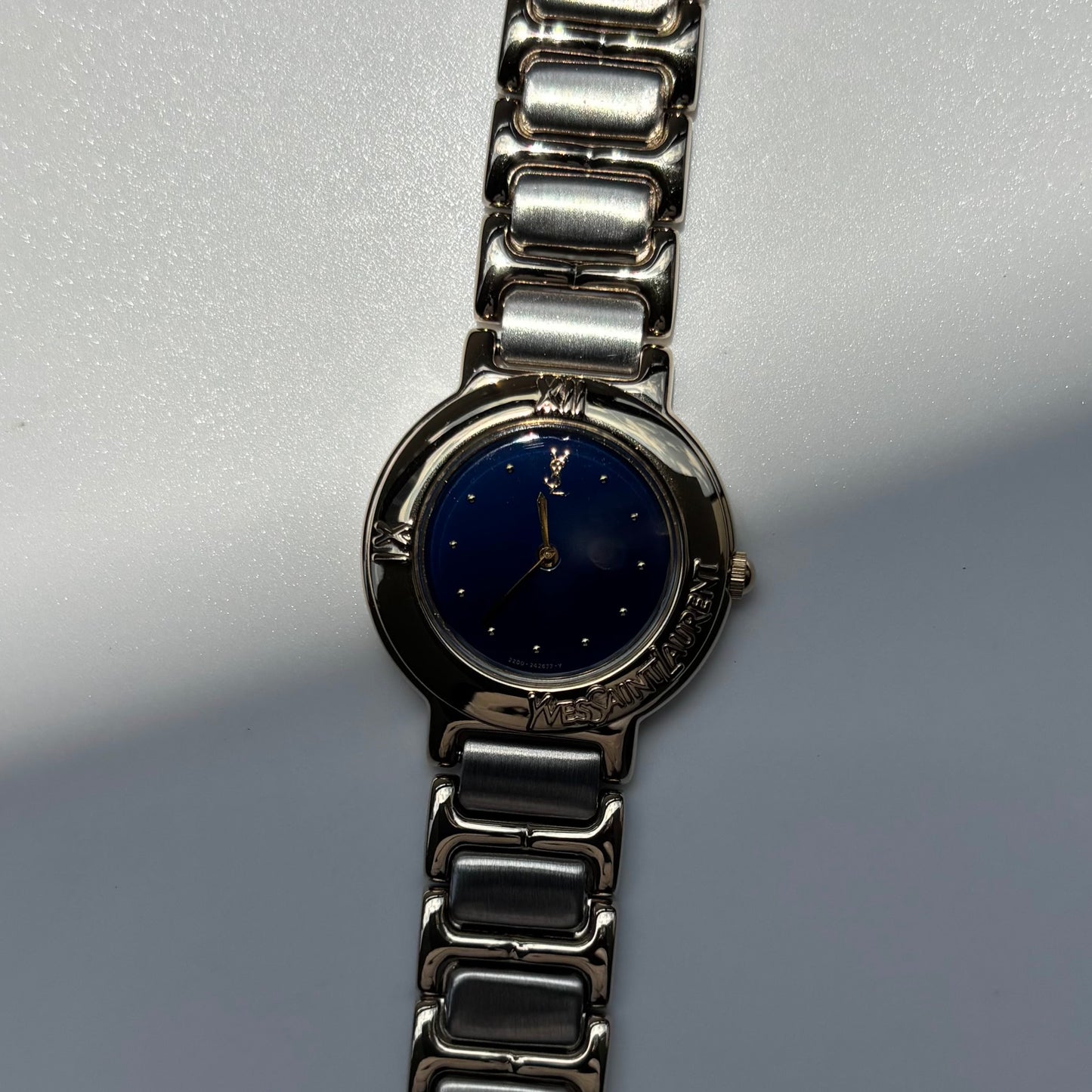 Yves Saint Laurent 1990s Navy Round Dial Two Tone Gold Plated Watch