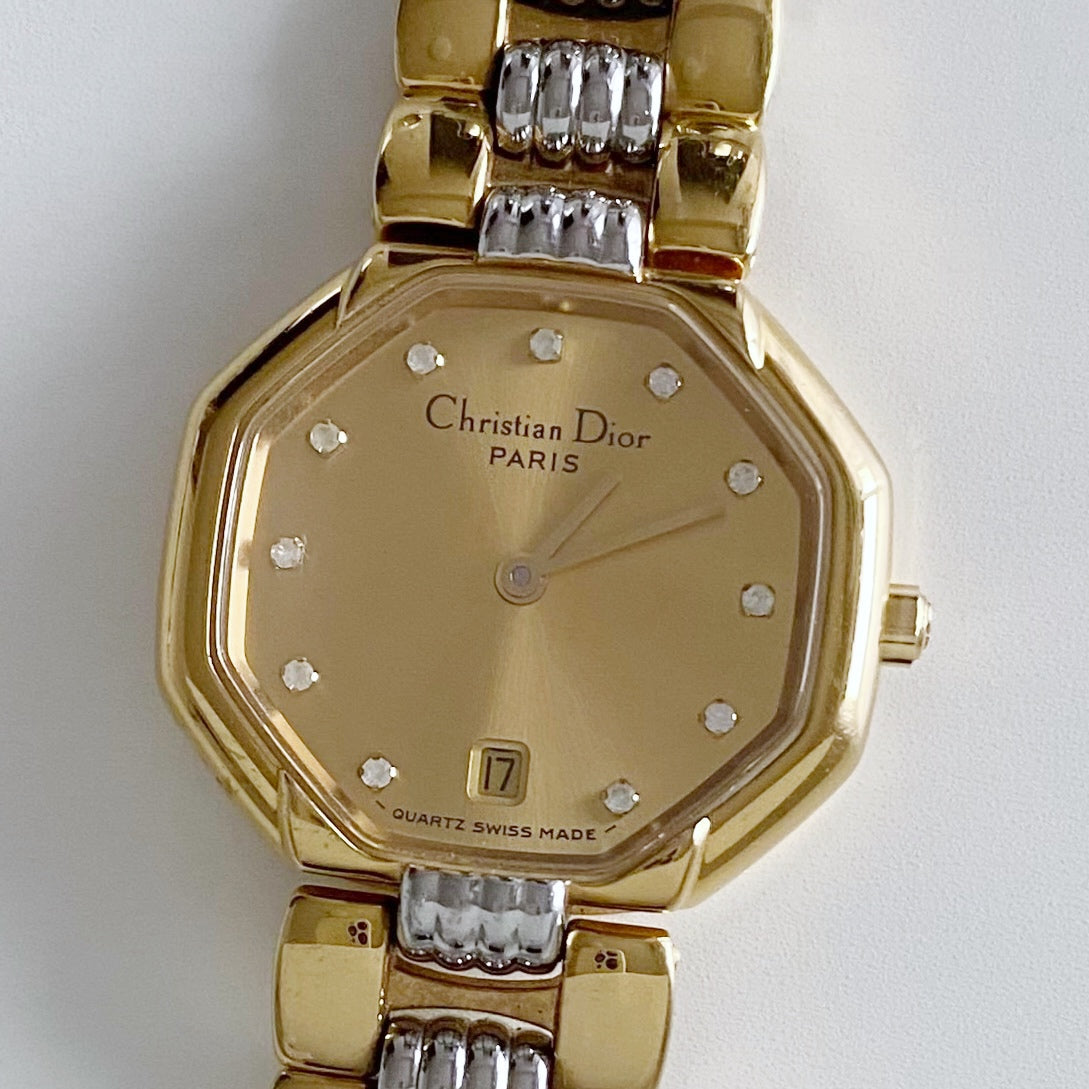 Dior 1990s Octagon Gold Plated Two Tone Watch