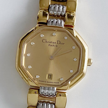 Dior 1990s Octagon Gold Plated Two Tone Watch