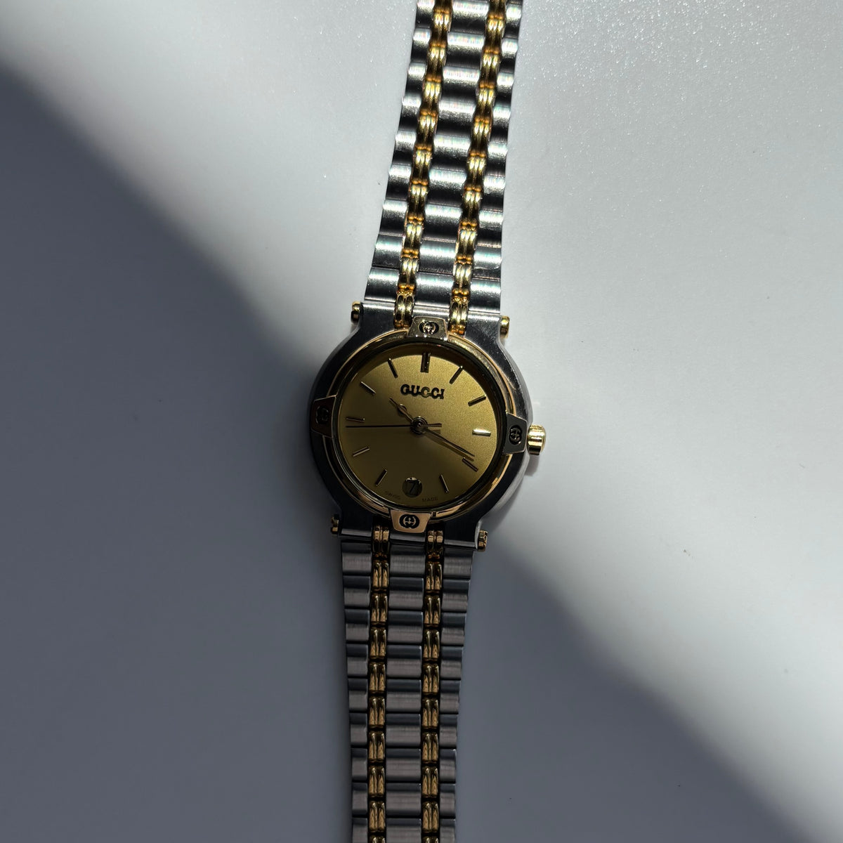 Gucci 1990s Date Round Dial Two Tone Gold Plated Watch