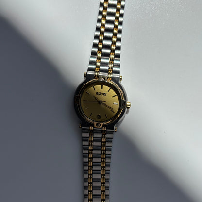 Gucci 1990s Date Round Dial Two Tone Gold Plated Watch