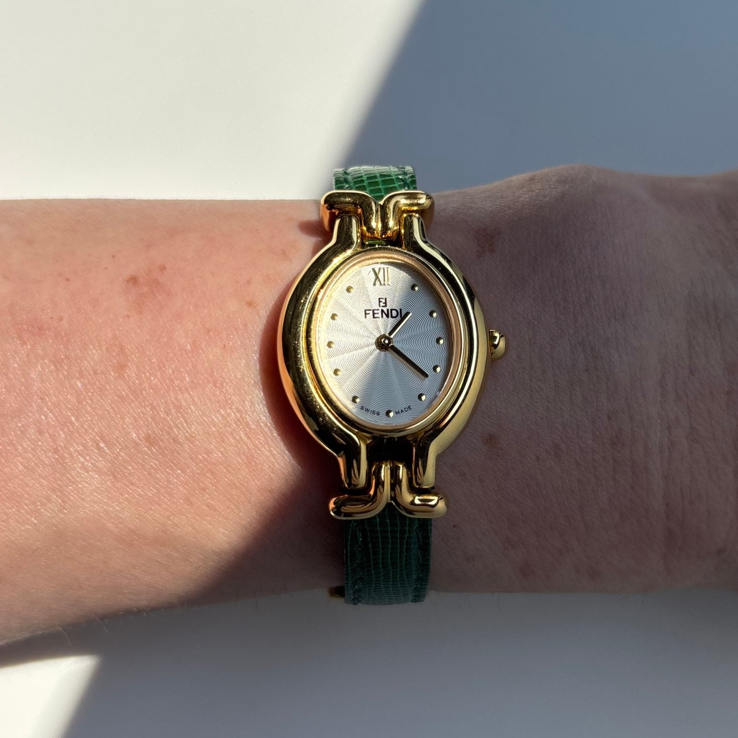 Fendi 1990s Interchangeable Belt Gold Plated Watch with 5 belts, case