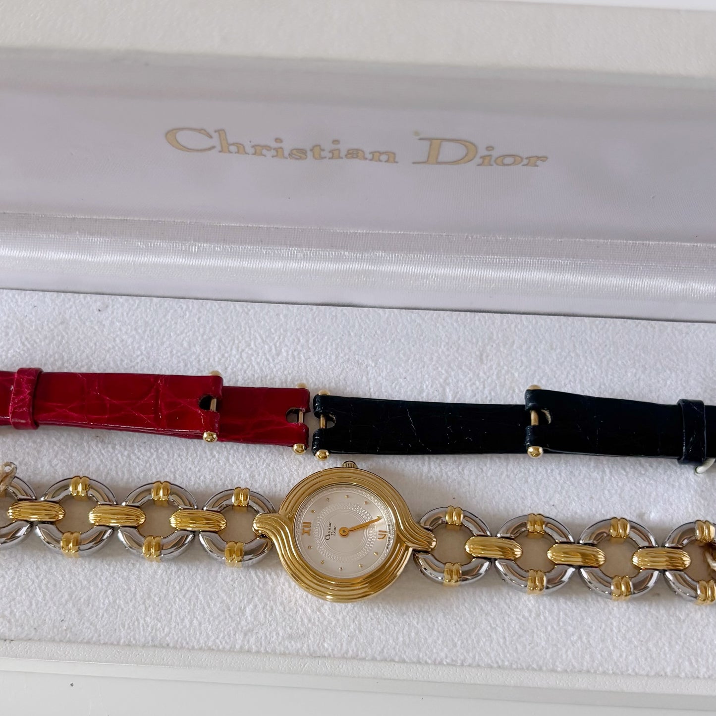 Dior 1990s Interchangeable Strap Round Dial Gold Plated Two Tone Watch with 3 straps, case