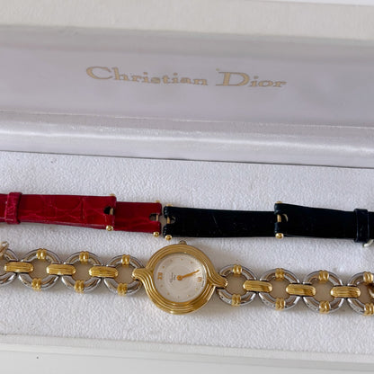 Dior 1990s Interchangeable Strap Round Dial Gold Plated Two Tone Watch with 3 straps, case