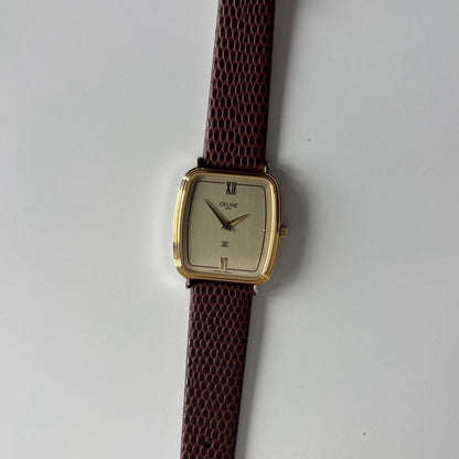 Celine 1980s Rectangular Dial Two Tone Watch (Large)