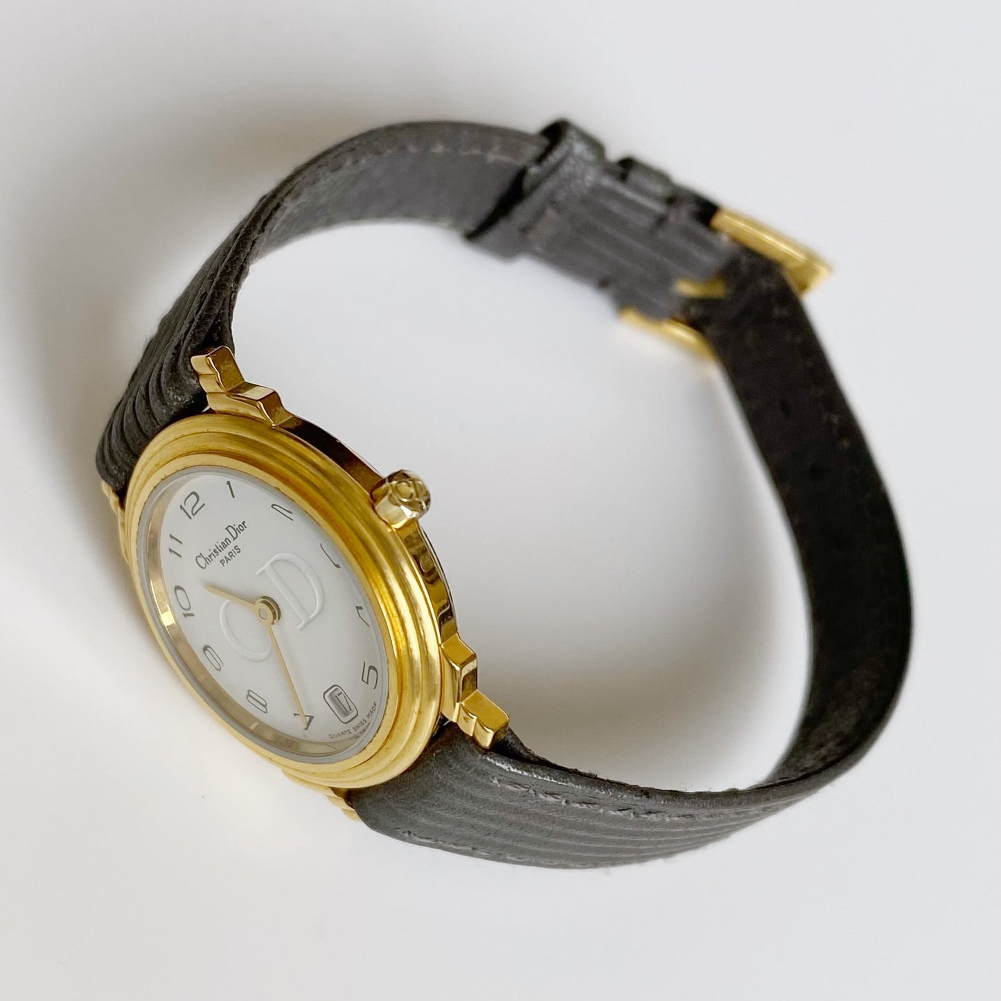 Dior 1990s Date Gold Plated Round Watch