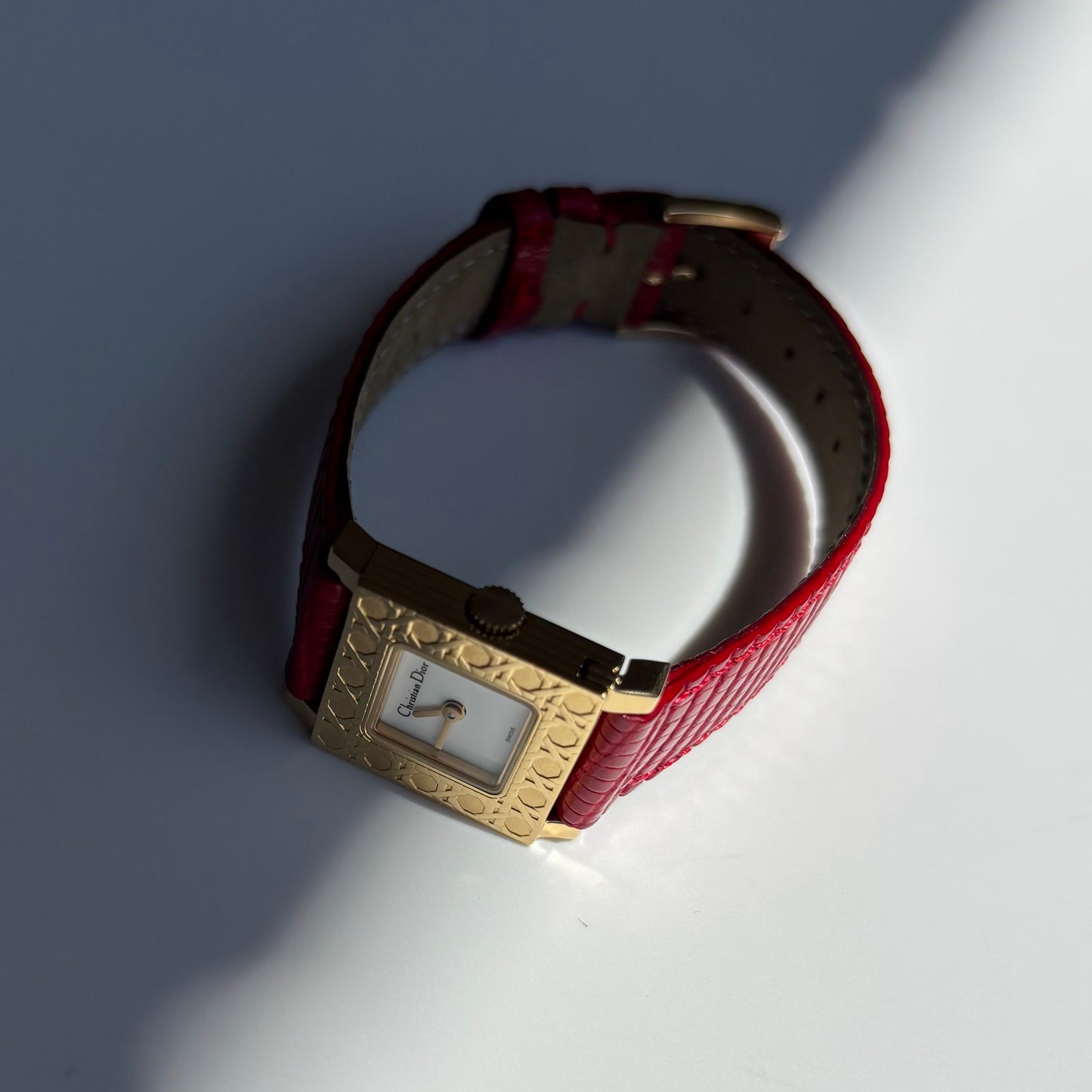 Dior 1990s La Parisienne Interchangeable Strap Square Dial Gold Plated Watch with 3 straps, case