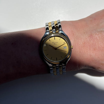 Dior 1990s Date Round Dial Gold Plated Two Tone Watch (Large)