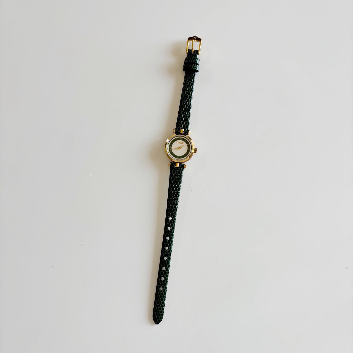 Gucci 1990s Round Dial Green Gold Plated Watch