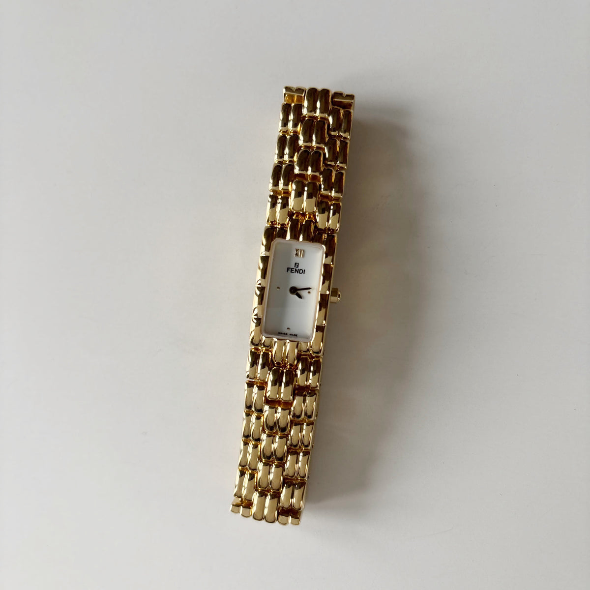 Fendi 1990s Rectangular White Dial Gold Plated Watch