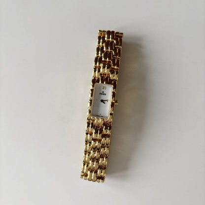 Fendi 1990s Rectangular White Dial Gold Plated Watch