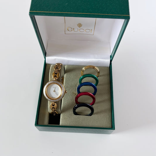 Gucci 1990s Interchangeable Bezel Gold Plated Watch with 6 bezels, case (167mm)