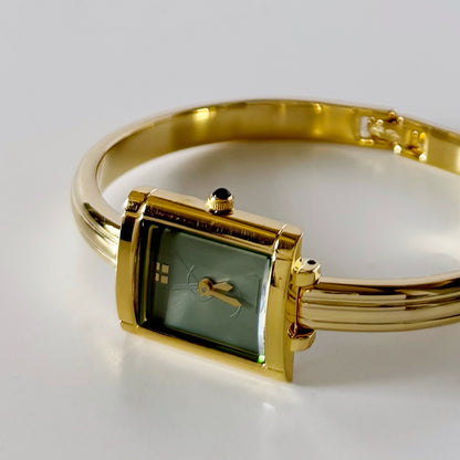 Yves Saint Laurent 1990s Green Dial Gold Plated Bangle Watch