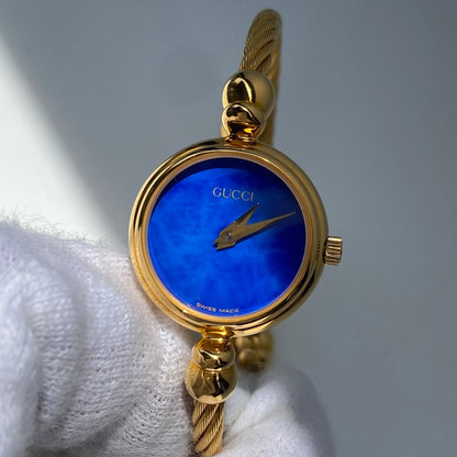 Gucci 1990s Blue Dial Gold Plated Cable Bangle Watch