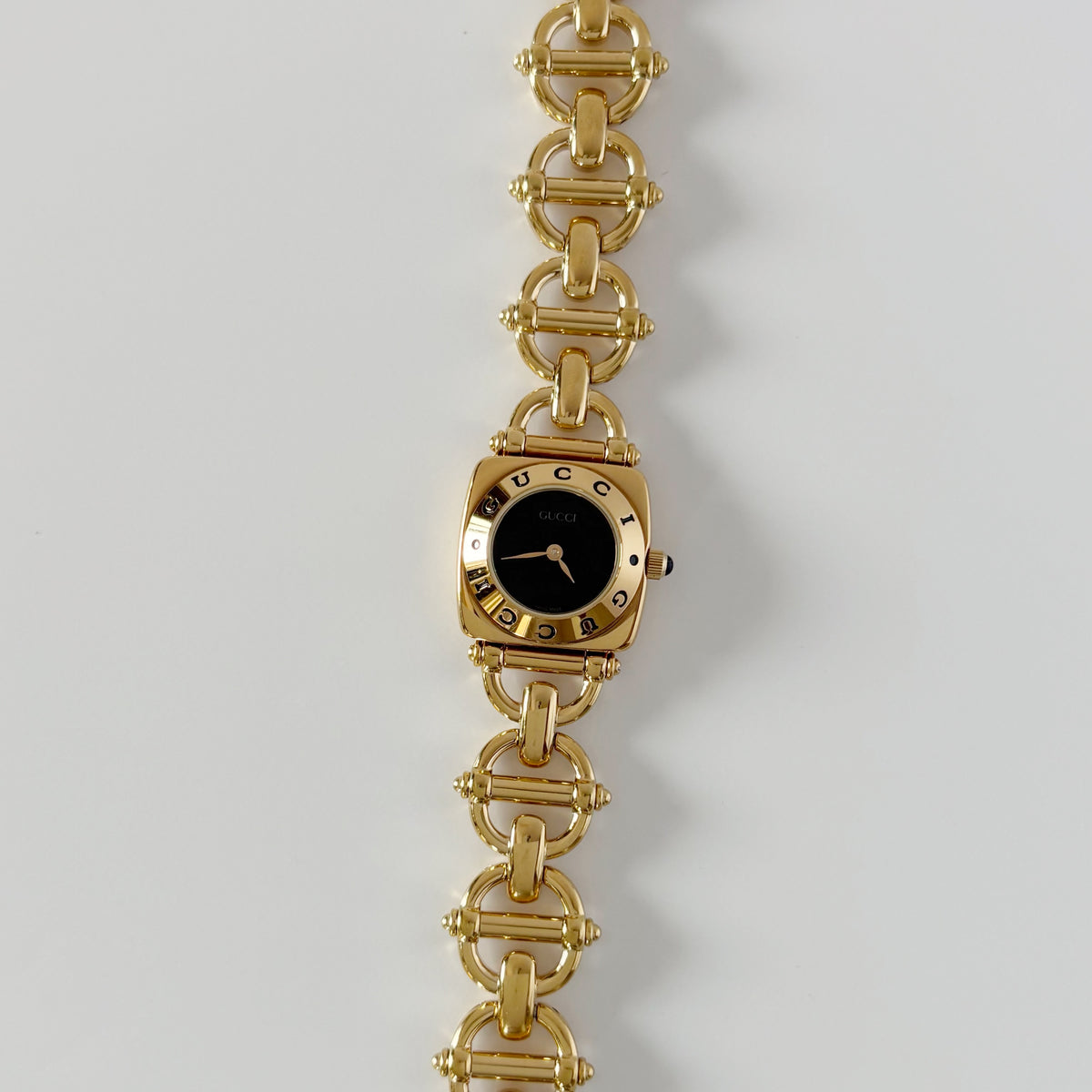 Gucci 1990s Black Dial Gold Plated Horsebit Watch