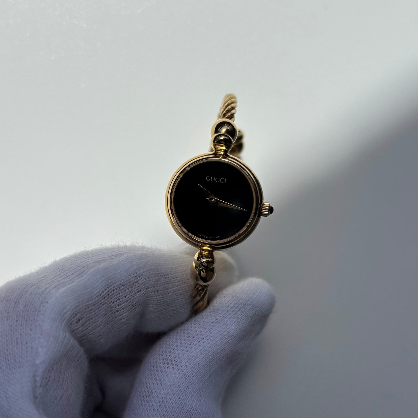 Gucci 1990s Black Dial Gold Plated Cable Bangle Watch