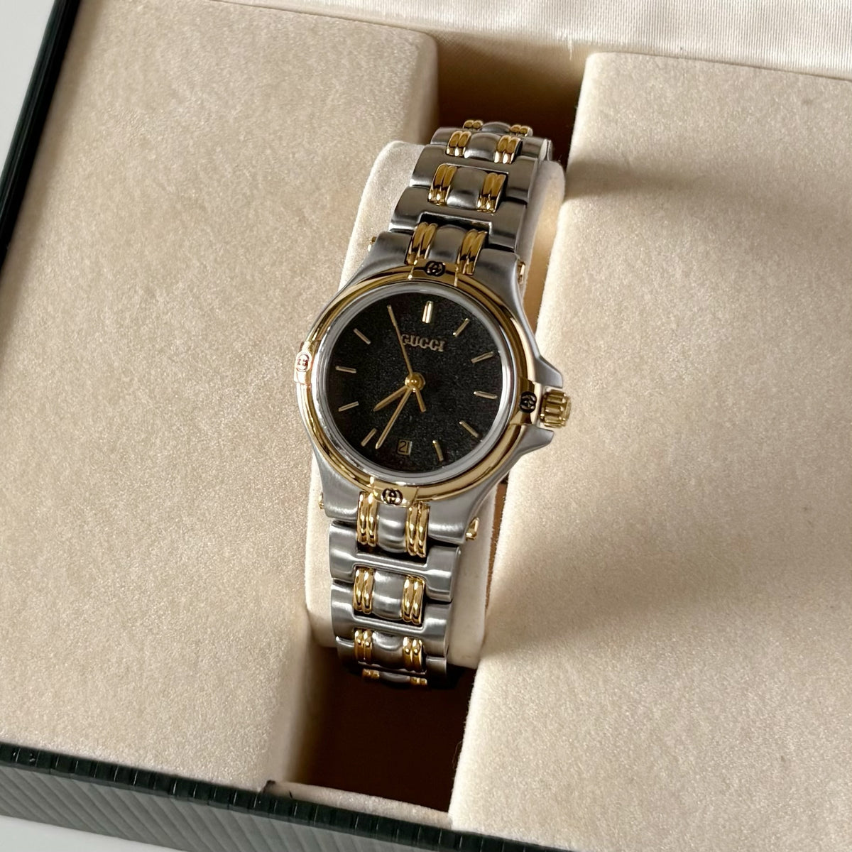 Gucci 1990s Date Round Black Dial Two Tone Gold Plated Watch