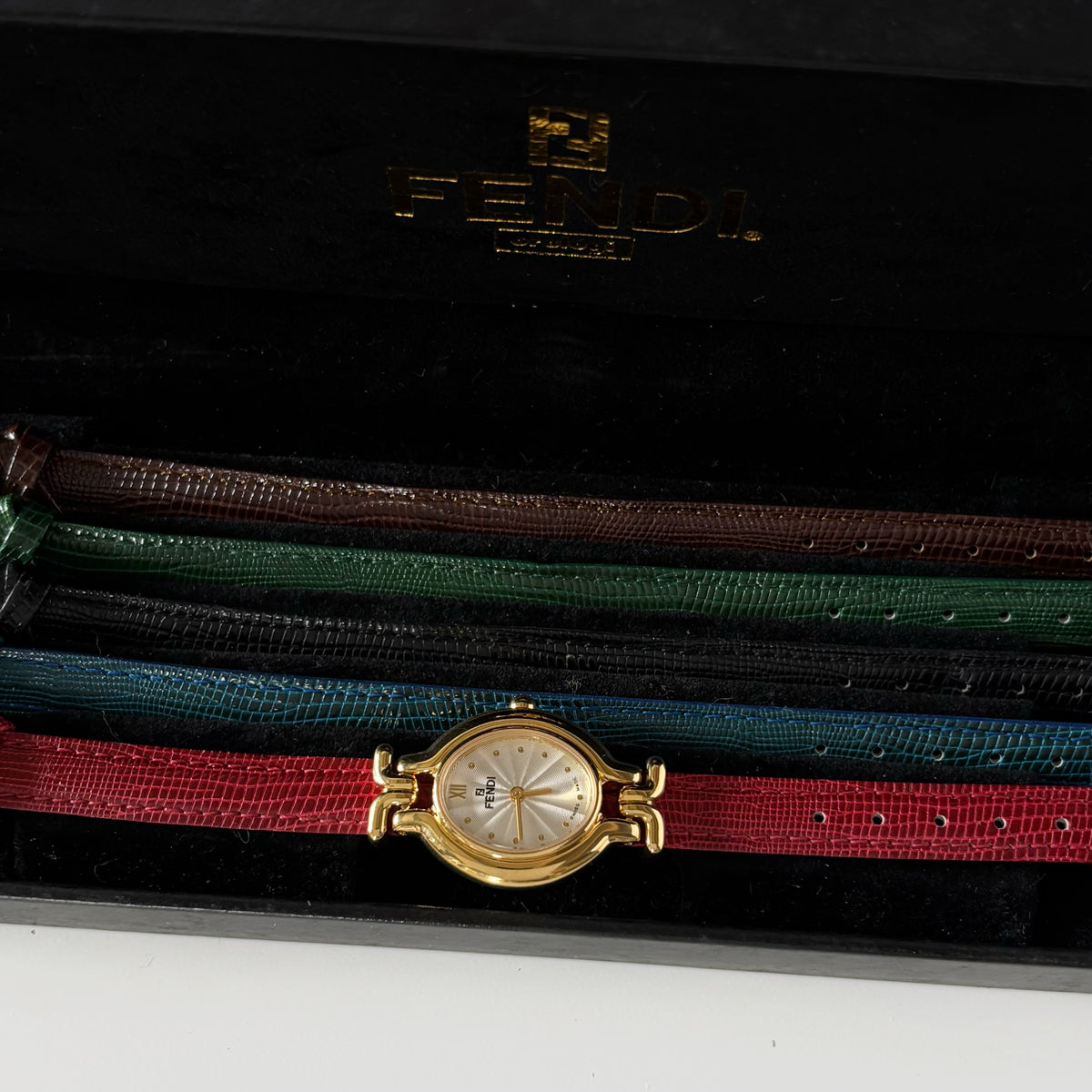 Fendi 1990s Interchangeable Strap Gold Plated Watch with 5 straps, case
