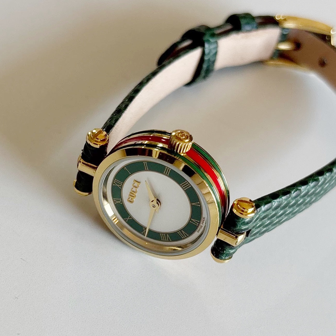 Gucci 1990s Round Dial Green Gold Plated Watch