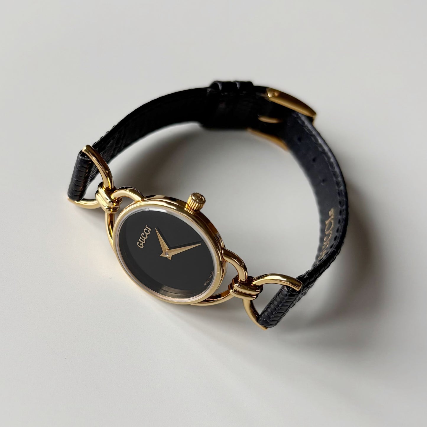 Gucci 1990s Black Dial Horsebit Gold Plated Watch