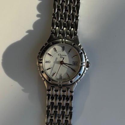 Dior 1990s Date Round Dial Silver Watch