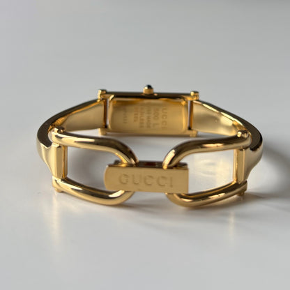 Gucci 1990s Gold Rectangular Dial Gold Plated Bangle Watch (Small)