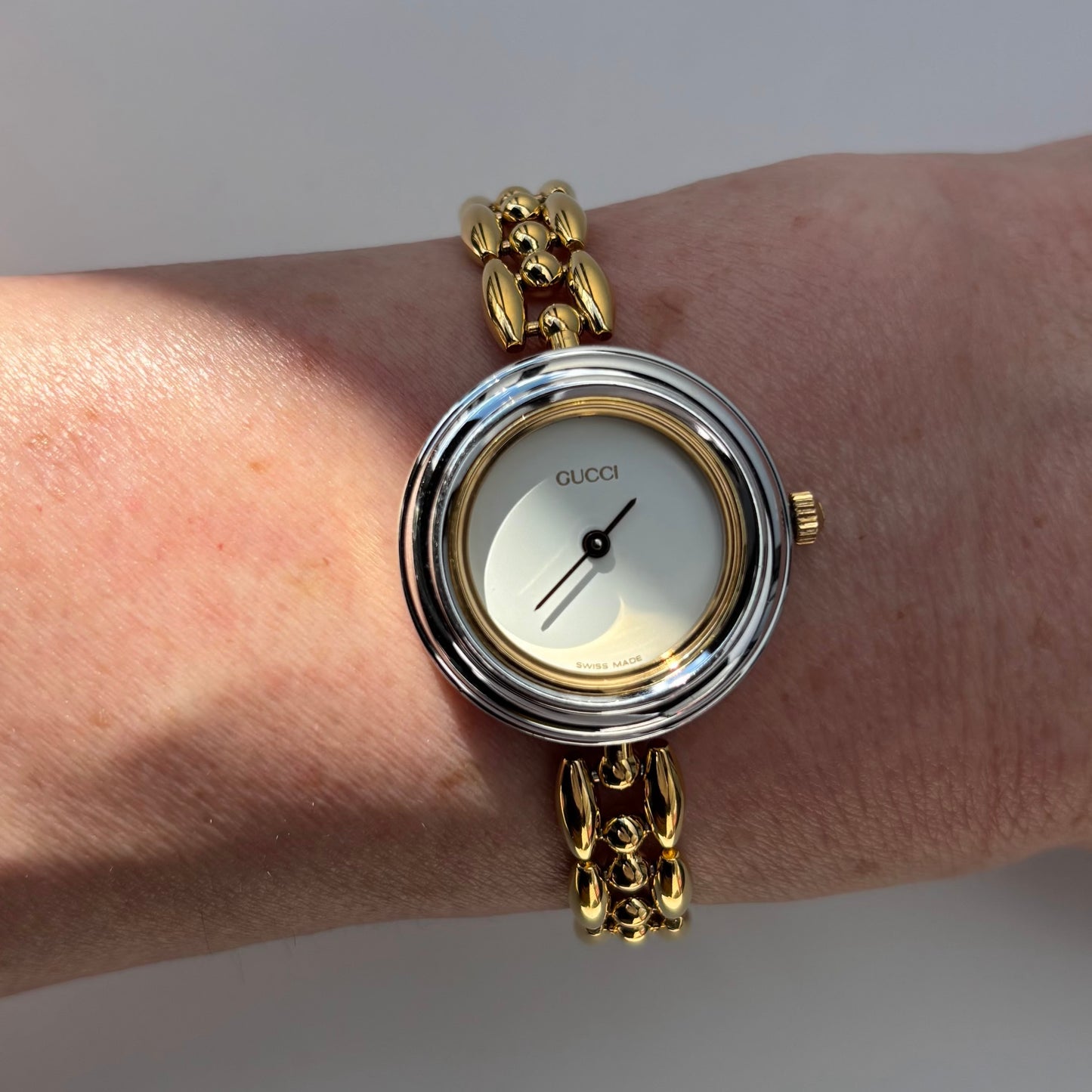 Gucci 1990s Interchangeable Bezel Gold Plated Rice Chain Watch with 6 bezels, case (160mm)